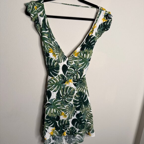 For Love &‎ Lemons Women's Large Dress White Green Tropical Leaf Tie Back Mini - Picture 2 of 7